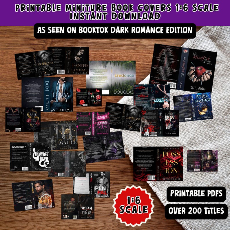 Mini Book Covers 1:6 scale Printable 200+ titles Dark Romance Edition Booktok Titles - Printable PDF anxiety book shelf