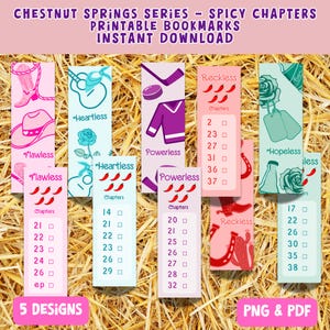 以下が含まれることがあります： 異なるイラストと章番号を特徴とする、印刷可能なブックマークのデザインが5つ。デザインには、カウボーイブーツ、ギター、ホッケーのスティック、サボテン、バラが含まれています。各ブックマークには、赤い唐辛子のグラフィックと「章」というテキストがあります。