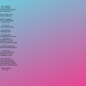 May include: A pink and blue gradient background with a list of names and song titles. The text is in white and black. The names include Kat Vincent, Jonny Garza Villa, Meryl Wilsner, K.C. Wills, Isla Winter, Max Walker, Paul Michael Winters, N.R. Walker, Vera Winters, and Neve Wilder.