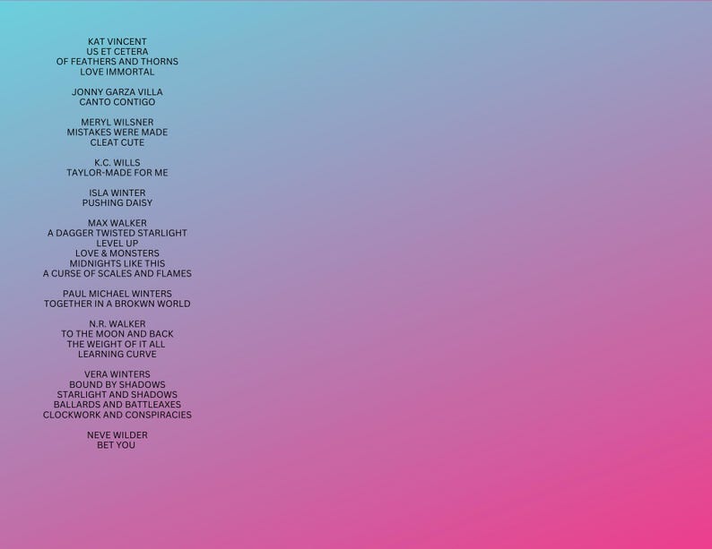 May include: A pink and blue gradient background with a list of names and song titles. The text is in white and black. The names include Kat Vincent, Jonny Garza Villa, Meryl Wilsner, K.C. Wills, Isla Winter, Max Walker, Paul Michael Winters, N.R. Walker, Vera Winters, and Neve Wilder.