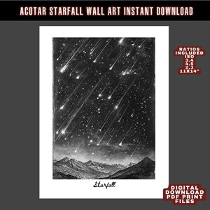 May include: Black and white wall art print featuring a starry night sky with shooting stars over a mountain range. The word "Starfall" is printed at the bottom. Includes ratios for 11x14 inch prints.