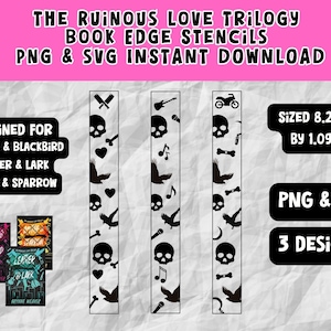 May include: Three black and white book edge stencils featuring skulls, musical notes, and a motorcycle. The stencils are designed for the books "Butcher & Blackbird", "Leather & Lark", and "Scythe & Sparrow". The stencils are 8.25 inches by 1.09 inches and are available in PNG and SVG formats.