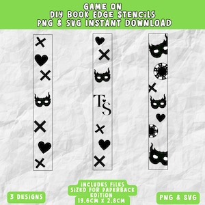 K&ouml;nnte beinhalten: Schwarze DIY-Buchkanten-Schablonen mit verschiedenen Designs, darunter Herzen, Kreuze und Masken. Die Schablonen sind f&uuml;r Taschenbuchausgaben geeignet und messen 19,6 cm x 2,8 cm. Der Text "GAME ON DIY BOOK EDGE STENCILS PNG & SVG INSTANT DOWNLOAD" ist enthalten.