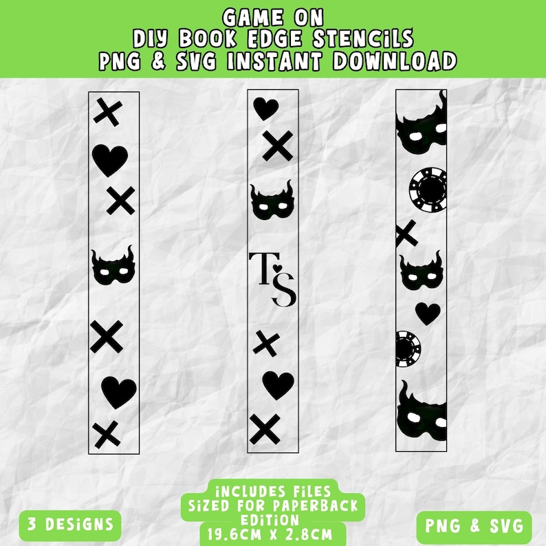 K&ouml;nnte beinhalten: Schwarze DIY-Buchkanten-Schablonen mit verschiedenen Designs, darunter Herzen, Kreuze und Masken. Die Schablonen sind f&uuml;r Taschenbuchausgaben geeignet und messen 19,6 cm x 2,8 cm. Der Text "GAME ON DIY BOOK EDGE STENCILS PNG & SVG INSTANT DOWNLOAD" ist enthalten.