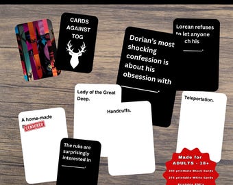 May include: A collection of black and white cards with text, including "CARDS AGAINST TOG" and "Dorian's most shocking confession." The image also shows a red badge that says "Made for ADULTS - 18+". The cards are arranged on a wooden surface.