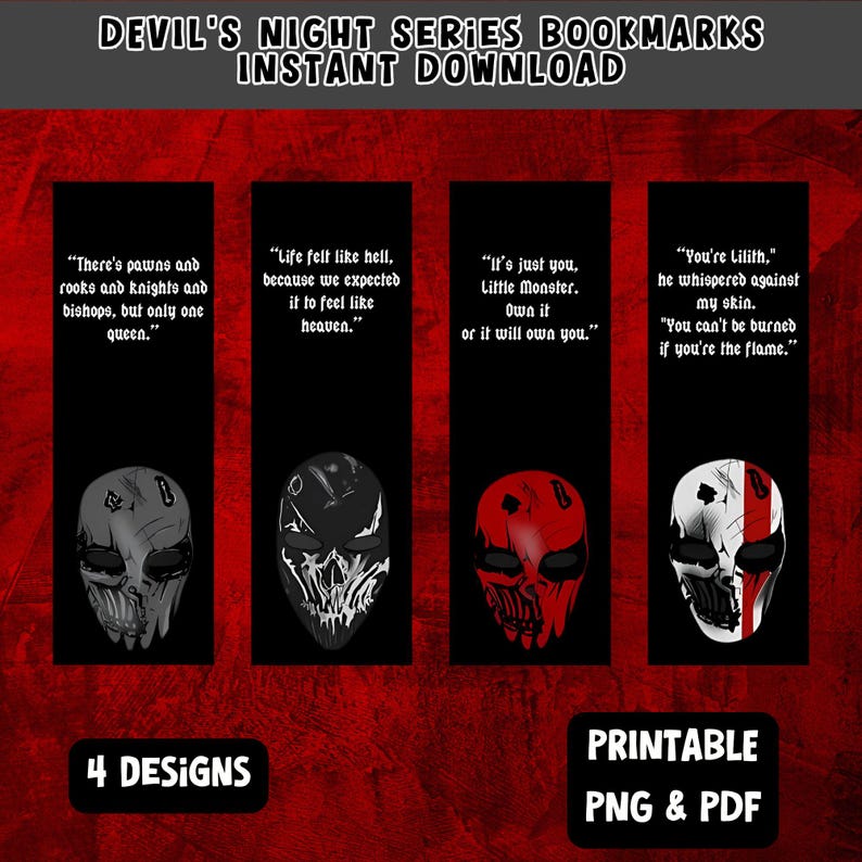 Utskrivbara bokmärken från Devil's Night-serien, Booktok Bookish - Direktnedladdning - PDF + PNG - Utskrivbara bokmärken - Dark Romance The Horsemen bild 1