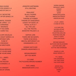 May include: A pink and white graphic with a list of book titles and authors. The list is organised into columns with the author's name on the left and the book title on the right. The book titles are in black text and the author names are in white text.