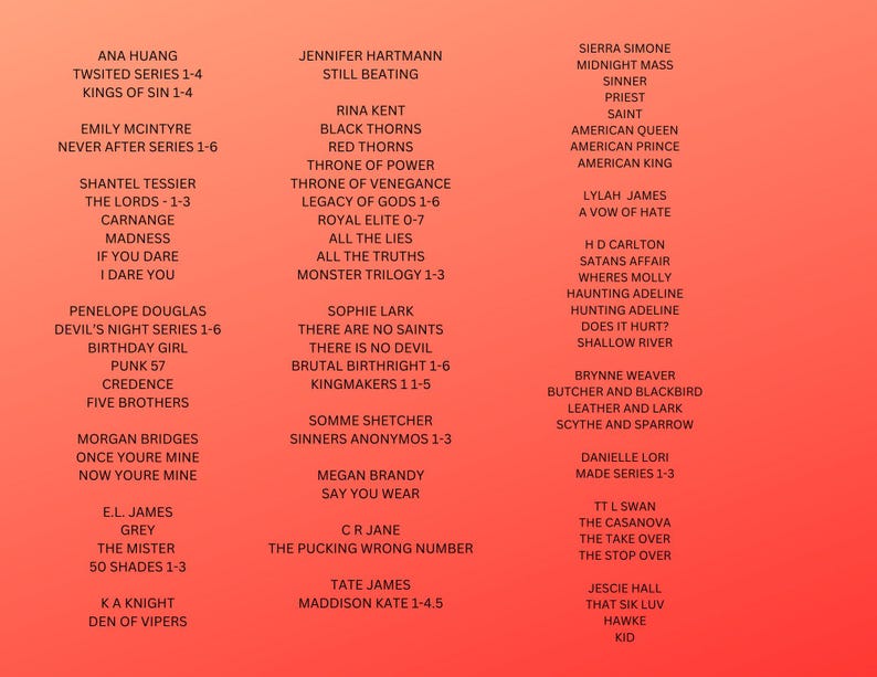 May include: A pink and white graphic with a list of book titles and authors. The list is organised into columns with the author's name on the left and the book title on the right. The book titles are in black text and the author names are in white text.