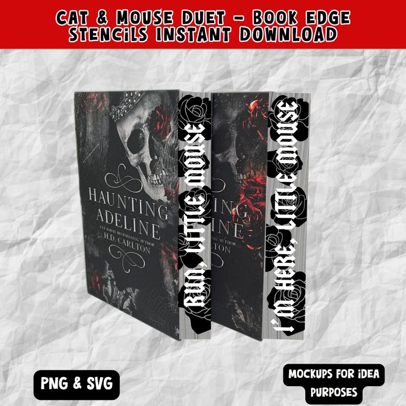 May include: Two book edge stencils featuring a black and white design of roses and the text "Run, Little Mouse" and "I'm Here, Little Mouse". The stencils are designed to be used on book spines.