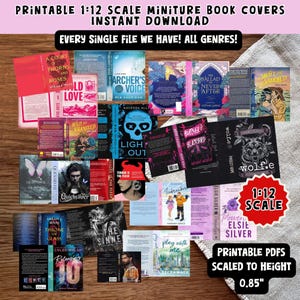 May include: A collection of miniature book covers with various titles, including "A Court of Thorns and Roses" and "Archer's Voice." The image includes text that reads "Printable PDFs Scaled to Height 0.85 inches." The covers are designed for instant download.