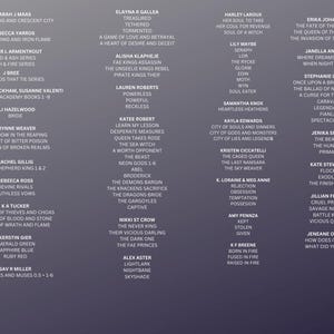 May include: A collage of book covers featuring fantasy and romance novels. The covers are arranged in a grid pattern and feature a variety of colors, fonts, and illustrations. The titles of the books are listed below each cover.