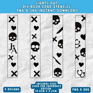 Può includere: Quattro stencil per bordi di libri in bianco e nero con diversi design. I design includono teschi, cuori, croci, uno stetoscopio, un coltello e le lettere "J" e "A". Gli stencil sono dimensionati per libri tascabili, misurando 19,4 cm per 3,2 cm. Gli stencil sono disponibili nei formati PNG e SVG.