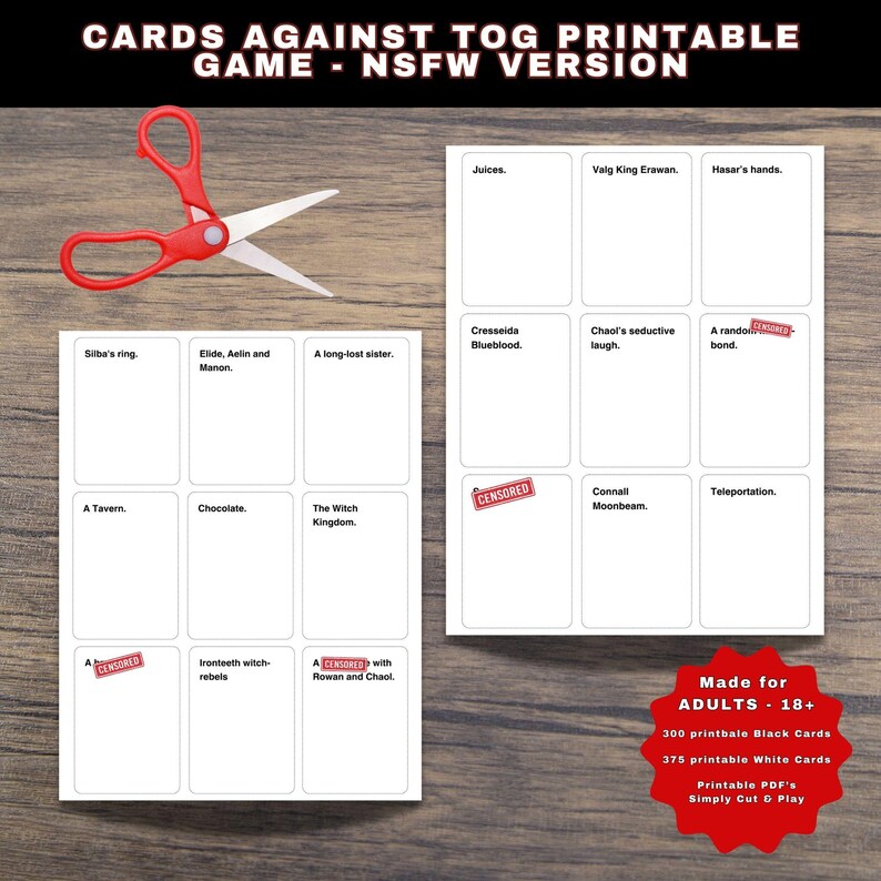 May include: Printable card game with the text "CARDS AGAINST TOG PRINTABLE GAME - NSFW VERSION." The image shows two stacks of cards with various phrases, a pair of red scissors, and a red sticker that says "Made for ADULTS - 18+".
