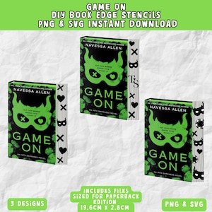 K&ouml;nnte beinhalten: Drei Buchkanten-Schablonen mit dem Titel "Game On" werden angezeigt. Die Buchumschl&auml;ge sind schwarz mit neongr&uuml;nen Grafiken und Text. Die Schablonen sind f&uuml;r Taschenbuchausgaben mit den Ma&szlig;en 19,6 cm x 2,8 cm ausgelegt. Das Design beinhaltet PNG- und SVG-Dateien.