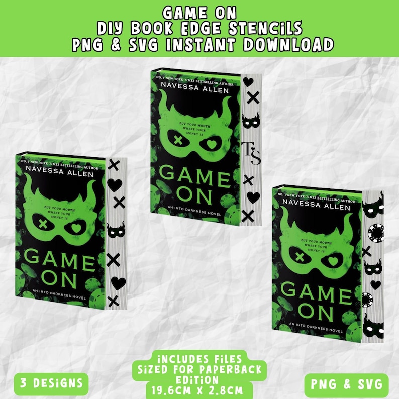 K&ouml;nnte beinhalten: Drei Buchkanten-Schablonen mit dem Titel "Game On" werden angezeigt. Die Buchumschl&auml;ge sind schwarz mit neongr&uuml;nen Grafiken und Text. Die Schablonen sind f&uuml;r Taschenbuchausgaben mit den Ma&szlig;en 19,6 cm x 2,8 cm ausgelegt. Das Design beinhaltet PNG- und SVG-Dateien.