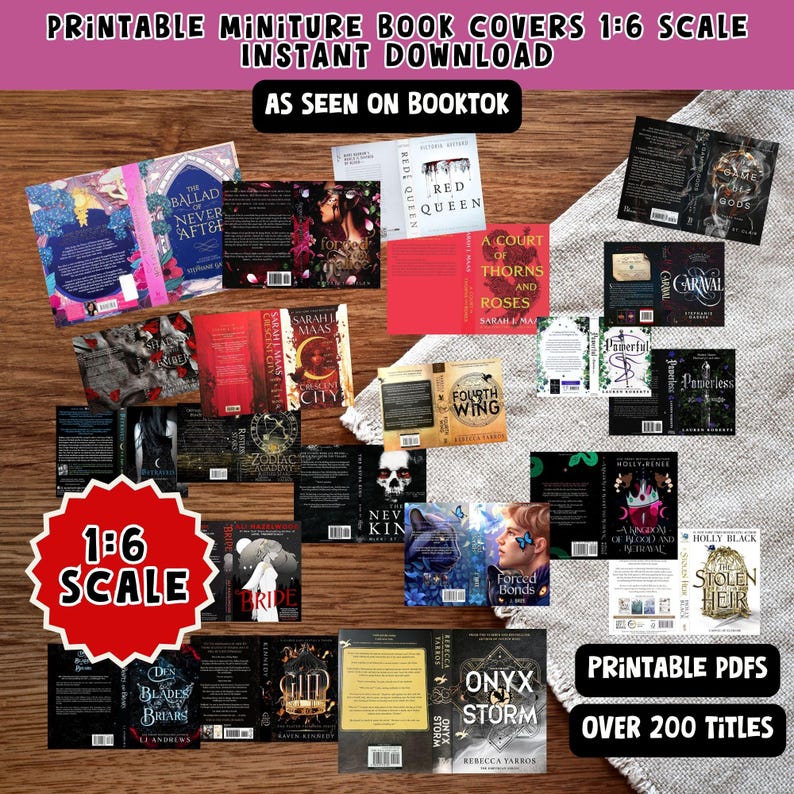 Mini Book Covers Printable 200+ titles Romantasy Booktok Titles - Printable 1:6 scale PDF anxiety book shelf