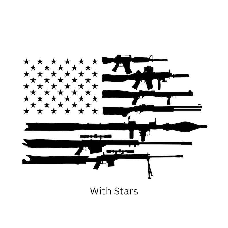 May include: A black and white graphic design of the American flag, with the stars and stripes replaced by the silhouettes of various firearms. The text "With Stars" is at the bottom of the image.