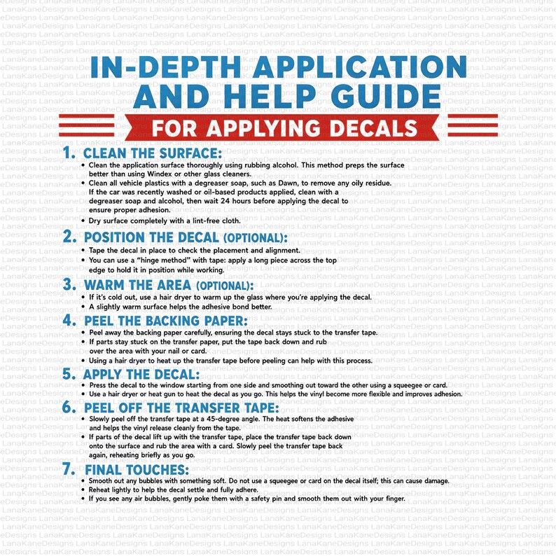 The image is a guide for applying decals, providing step-by-step instructions on how to properly apply decals to a car.