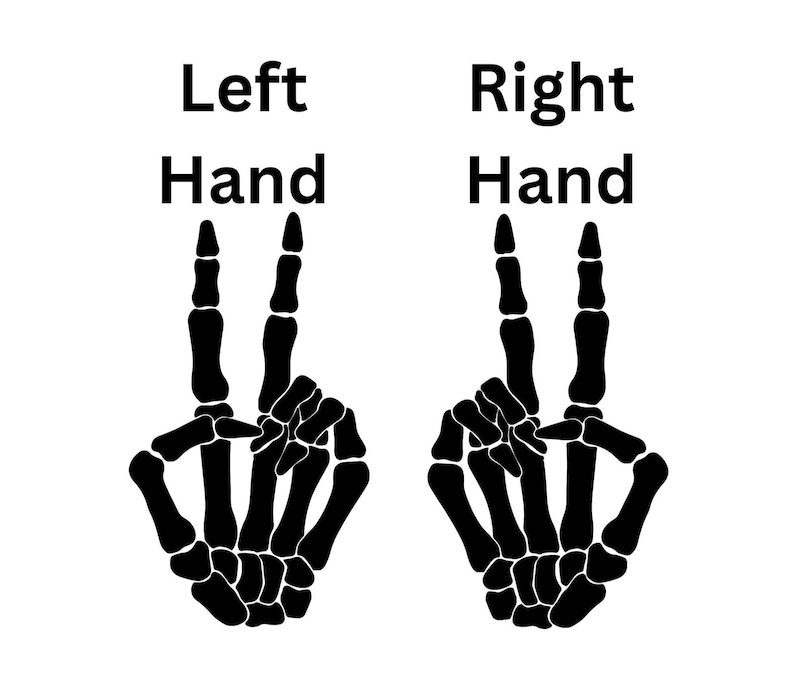 May include: A black graphic illustration of two skeletal hands against a white background. The left hand is labeled Left Hand and the right hand is labeled Right Hand. Both skeletal hands are positioned in a peace sign gesture with fingers.