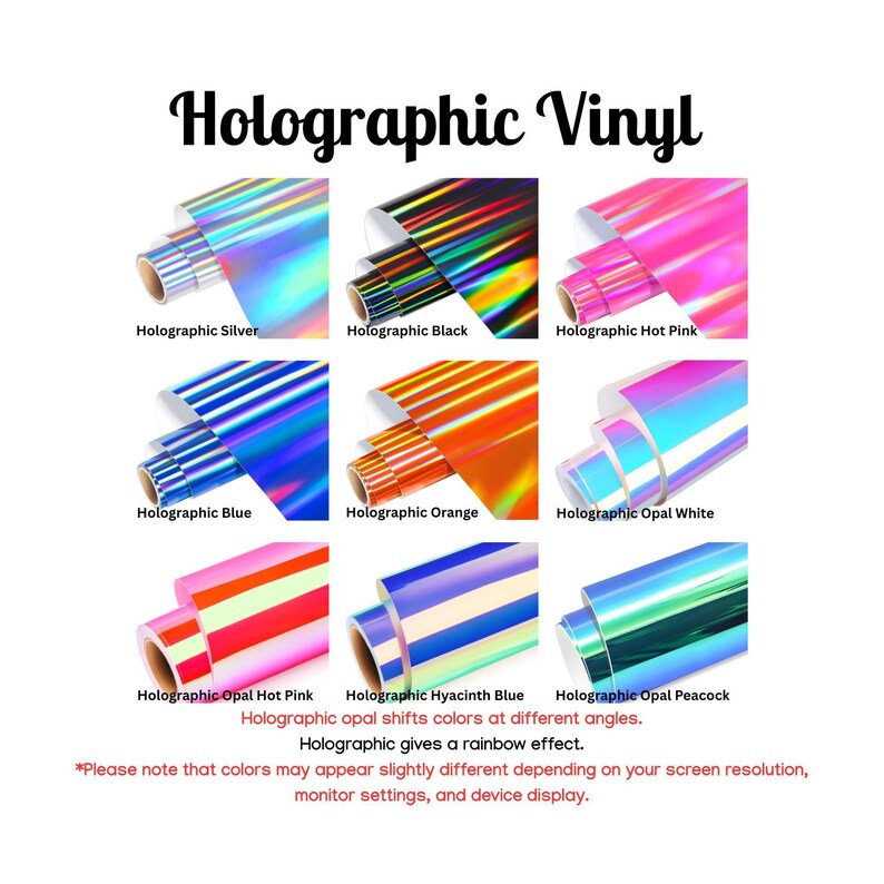 The image is a collage of nine different holographic vinyl rolls in various colors, including silver, black, hot pink, blue, orange, white, and green.