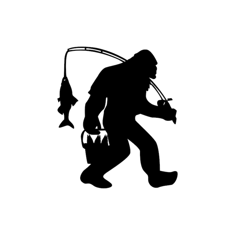May include: A black silhouette decal featuring a large, hairy creature walking while carrying a fishing rod over its shoulder. A fish hangs from the end of the fishing line, and the creature holds a bucket containing three smaller fish.