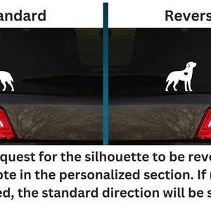 A comparison image showing a standard Labrador decal on the left and a reversed one on the right, accompanied by text explaining the orientation options.