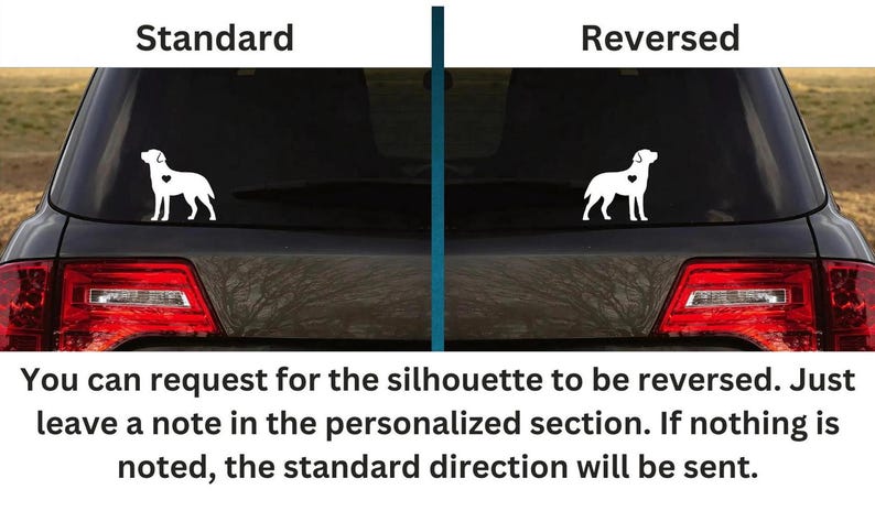 A comparison image showing a standard Labrador decal on the left and a reversed one on the right, accompanied by text explaining the orientation options.