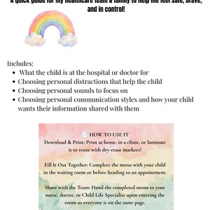 Peut inclure: Un document intitulé My Bravery Menu avec un graphique arc-en-ciel à l'aquarelle. Il comprend un guide pour les équipes de santé et la famille, des listes à puces de fonctionnalités et une section sur la façon de l'utiliser, incluant l'impression.
