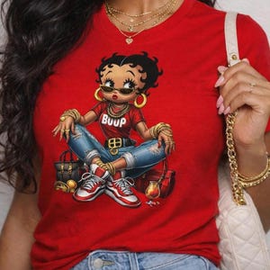 BB Inspired shirt Black Design Retro Cartoon Character Top Urban Streetwear Fashion Apparel Classic Style Graphic Tee Red Print Vintage Look
