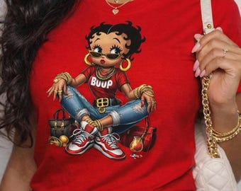 BB Inspired shirt Black Design Retro Cartoon Character Top Urban Streetwear Fashion Apparel Classic Style Graphic Tee Red Print Vintage Look