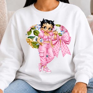 Betty Boop Sweatshirt Pastel Heart Design Crewneck Pink Yellow Blue Coquette Bow Pullover Women Cute Graphic Top Retro Cartoon Apparel Aesthetic Fashion Statement Girly Vintage Clothing Y2K Style Casual Comfort Wear Trendy Outfit Collection