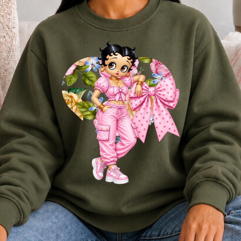 T-shirt BB Inspired, motif floral pastel, cœur et nœud, col rond, rose, pull femme, haut mignon à motif rétro, style dessin animé, graphisme esthétique Military Green