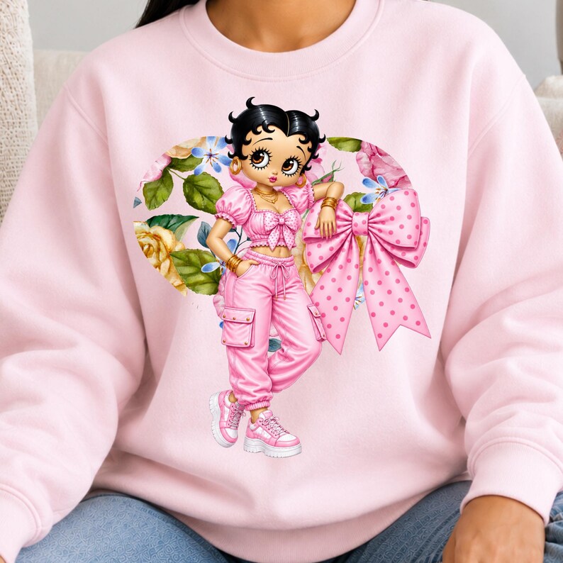 Betty Boop Sweatshirt Pastel Heart Design Coquette Bow Crewneck Pink Yellow Blue Kawaii Fashion Cute Pullover Women Aesthetic Graphic Top Girly Vintage Clothing Y2K Style Casual Comfort Wear Trendy Statement Piece Everyday Essential Quality