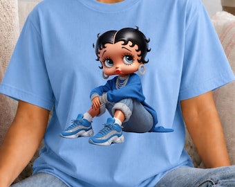 Black BB Inspired Shirt Graphic Tee Women Casual Outfit Everyday Wear Cartoon Character Apparel Vintage Inspired Design Retro Woman Clothing