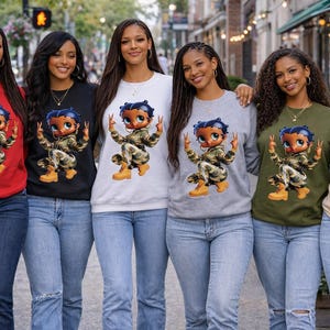 May include: A group of six people wearing crewneck sweatshirts in various colors: red, black, white, gray, olive green, and beige. Each sweatshirt features a cartoon character in military-style clothing. Betty Boop pullover sweatshirt.