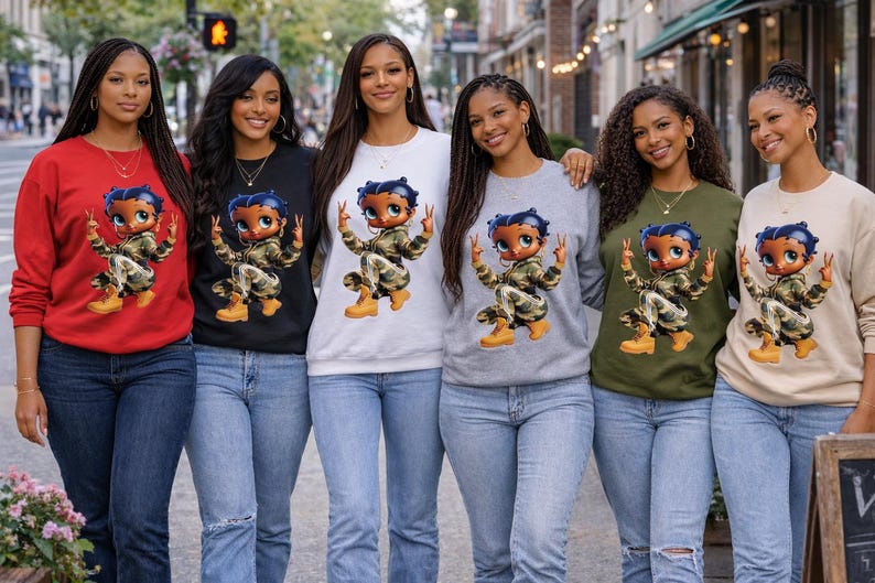 May include: A group of six people wearing crewneck sweatshirts in various colors: red, black, white, gray, olive green, and beige. Each sweatshirt features a cartoon character in military-style clothing. Betty Boop pullover sweatshirt.
