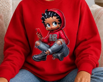BB Inspired Sweatshirt Black Cartoon Design Pullover Crewneck Top Vintage Character  Gift for Her Fashion Apparel Retro Style Graphic