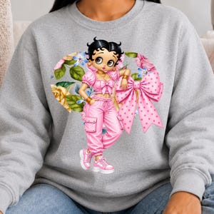 Women Cute Character Top Pastel Heart Design Sweatshirt Crewneck Pink Betty Boop Pullover Retro Cartoon Apparel Aesthetic Graphic Fashion Girly Vintage Clothing Y2K Style Statement Piece Casual Comfort Wear Everyday Essential Trendy Outfit
