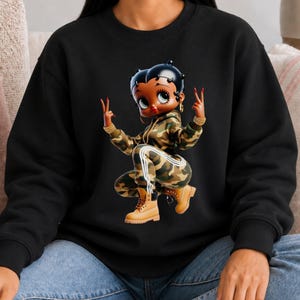 Retro Pullover Sweatshirt Betty Boop Graphic Black Crewneck Design Vintage Style Cotton Apparel Classic Fashion Statement Iconic Character Merchandise Fan Collectible Item Comfortable Casual Wear Daily Outfit Essential Gift Idea Trendy