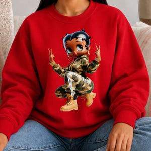 Vintage Style Sweatshirt Betty Boop Character Black Crewneck Pullover Retro Fashion Appeal Cotton Fabric Comfort Classic Design Casual Wear Gift Idea Fan Merchandise Collection Iconic Cartoon Graphic Trendy Outfit Essential Everyday Apparel