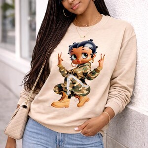 Vintage Style Sweatshirt Betty Boop Character Sand Crewneck Pullover Retro Fashion Appeal Cotton Fabric Comfort Classic Design Casual Wear Gift Idea Fan Merchandise Collection Iconic Cartoon Graphic Trendy Outfit Essential Everyday Apparel