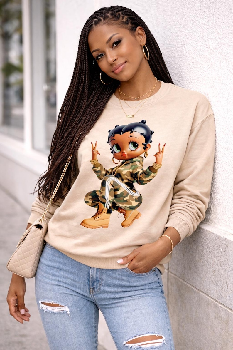 Vintage Style Sweatshirt Betty Boop Character Sand Crewneck Pullover Retro Fashion Appeal Cotton Fabric Comfort Classic Design Casual Wear Gift Idea Fan Merchandise Collection Iconic Cartoon Graphic Trendy Outfit Essential Everyday Apparel
