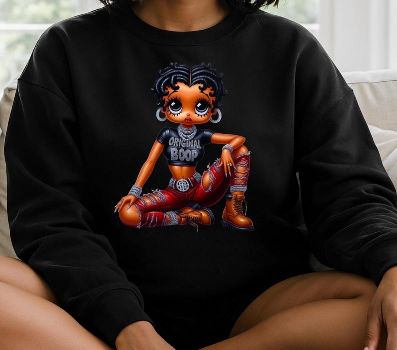 Cotton Crewneck Sweatshirt Black Betty Boop Character Comfortable Everyday Wear Soft Material Quality Vintage Animation Design Retro Cartoon Style Pop Culture Fashion Statement Streetwear Collection Trendy Apparel Gift Classic Character