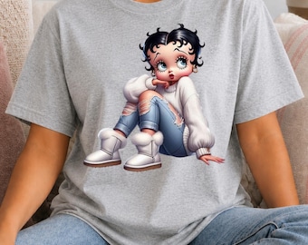 Black BB Inspired Shirt  Cartoon Tee Classic Animation Merchandise BB Graphic T-Shirt Women Cute Aesthetic Tee Trendy Streetwear Top