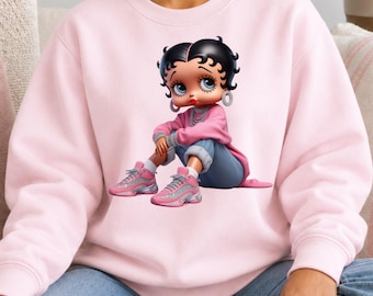 Black BB Inspired Sweatshirt Retro Cartoon Character Clothing  Graphic Pullover Women Apparel Classic Animated Design Gift For Her