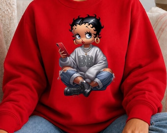 Black BB Inspired Cartoon Sweatshirt Graphic Design Retro Pullover Streetwear Fashion Vintage Aesthetic Unisex Crewneck Comfortable Clothing
