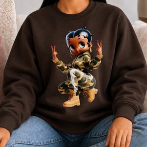 Retro Pullover Sweatshirt Betty Boop Graphic Black Crewneck Design Vintage Style Cotton Apparel Classic Fashion Statement Iconic Character Merchandise Fan Collectible Item Comfortable Casual Wear Daily Outfit Essential Gift Idea Trendy