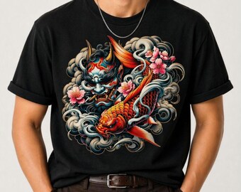 Koi Fish Tshirt Gift Her Him Unisex Japanese Tattoo Oni Mask Demon Design Orange Graphic Asian Streetwear Black White Irezumi Art