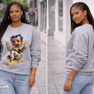 Vintage Style Sweatshirt Betty Boop Character Grey Crewneck Pullover Retro Fashion Appeal Cotton Fabric Comfort Classic Design Casual Wear Gift Idea Fan Merchandise Collection Iconic Cartoon Graphic Trendy Outfit Essential Everyday Apparel