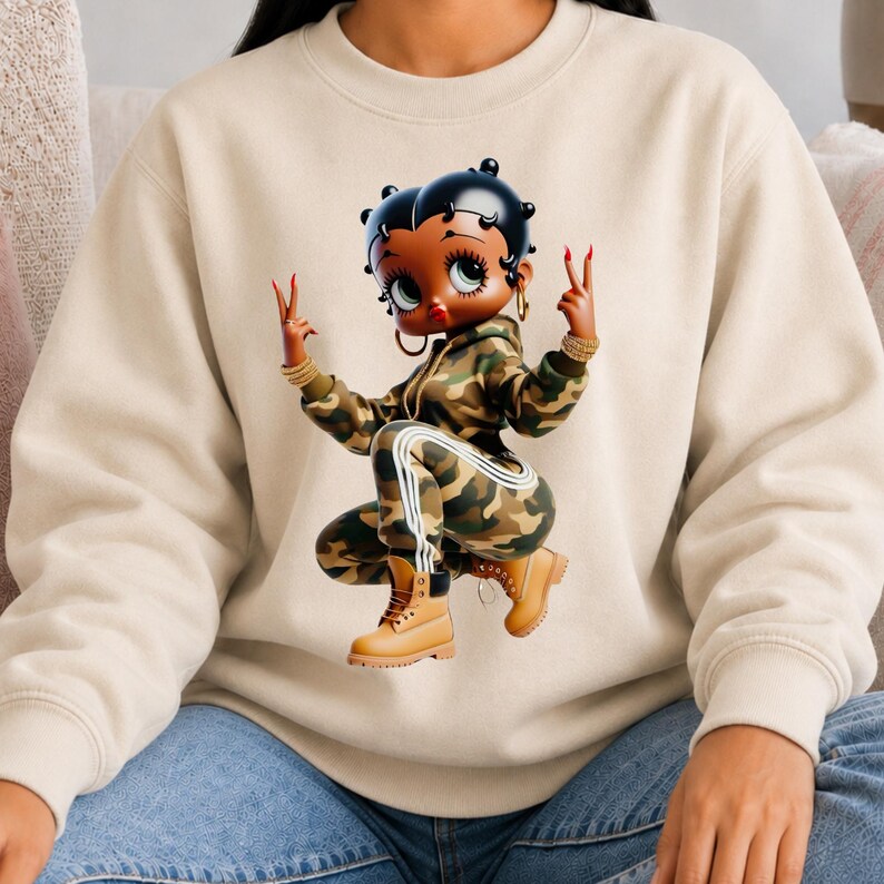 Black Crewneck Sweatshirt Betty Boop Character Graphic Design Vintage Style Pullover Retro Fashion Statement Cotton Apparel Comfort Casual Wear Daily Outfit Essential Fan Collectible Item Gift Idea Classic Cartoon Merchandise Iconic